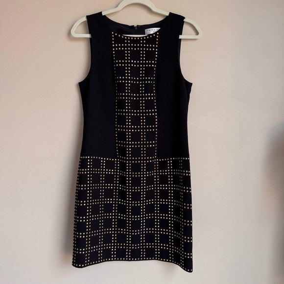 Trina Turk Blake Studded Grid-Pattern Sheath Dress Black Gold Mini Sz 4 wedding‎ - Picture 3 of 13